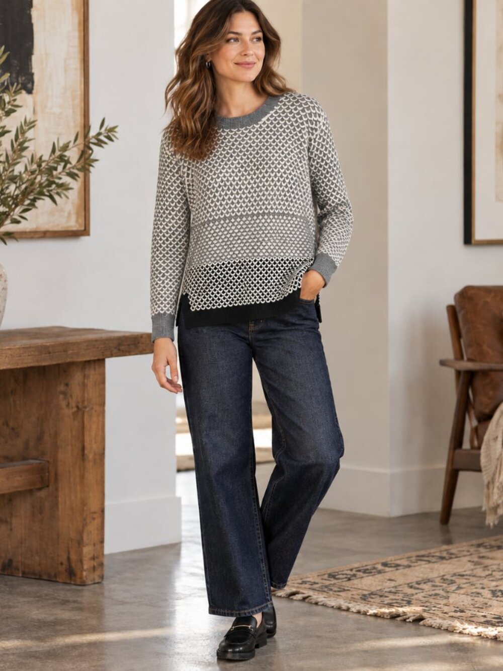 Madewell Womens Textured Knit Sweater M Gray Ivory Artsy Indie Scandi Modern